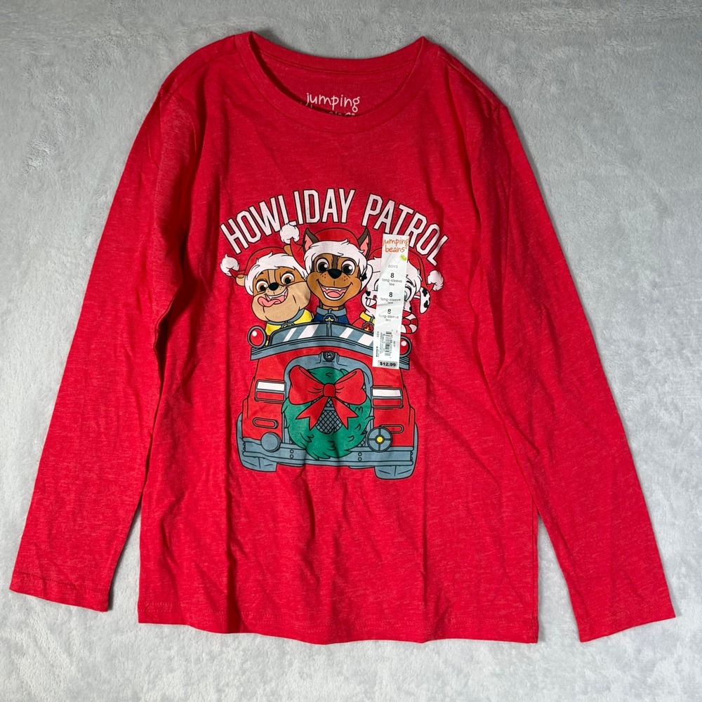 Paw Patrol Jumping Beans Boys Size 8 Red Howliday Patrol Long Sleeve Tee Shirt